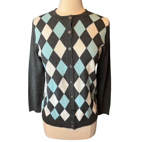 Croft & Barrow Argyle Blue Gray White Cardigan Sweater Women’s Petite Small - Picture 1 of 6
